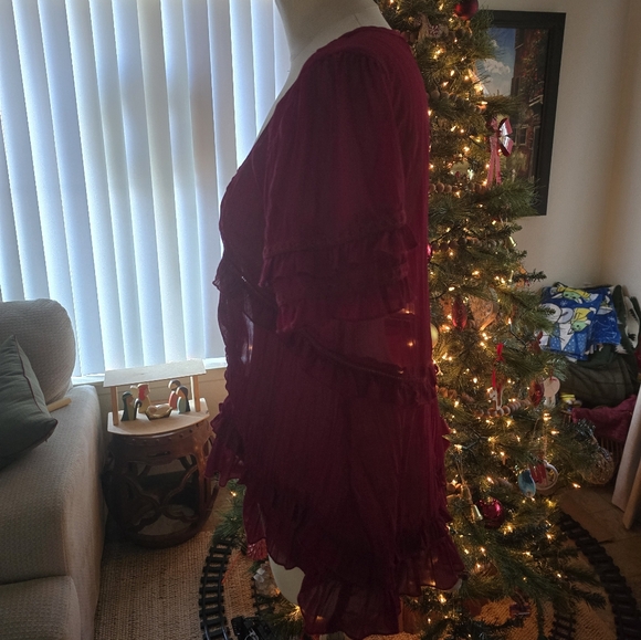 Chic Burgundy Ruffle Blouse - Picture 2 of 5